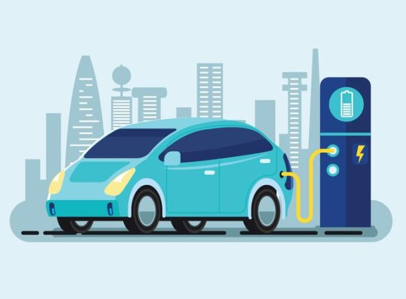 flat-vector-illustration-of-a-blue-electric-car-charging-at-the-charger-station